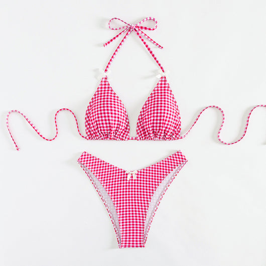 Red and white gingham print bikini swimsuit with a triangle halter top and high-cut bottom, featuring small white bows. - Image 14