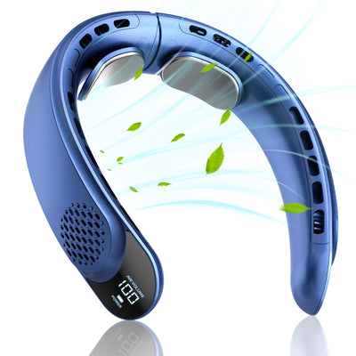 Dark blue U-shaped neck fan with air vents, small fan grilles, and a rose gold accent ring. - Image 28