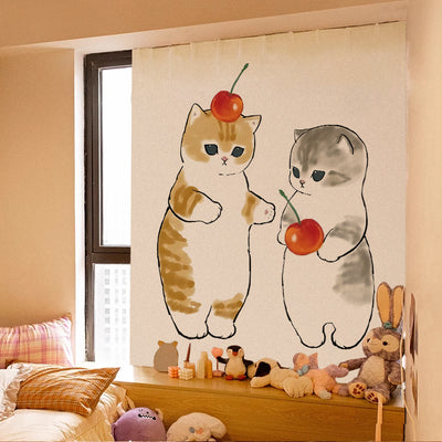 Cute cartoon curtain featuring a grey tabby kitten riding on a brown Shiba Inu puppy, with punch-free Velcro installation. - Image 18