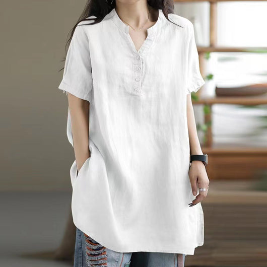 Camiseta Suelta Básica Cuello V Manga Corta para Mujer - Image 16
