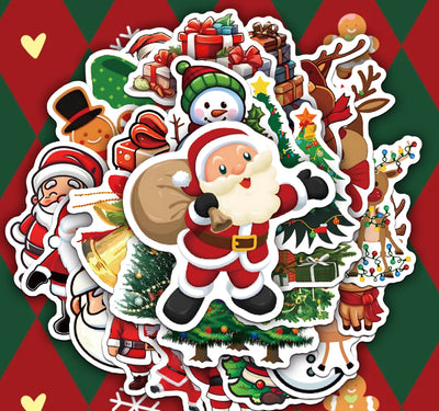 50-piece pack of cartoon Christmas waterproof stickers featuring Santa Claus, reindeer, snowmen, and gift boxes. - Image 9