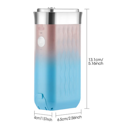 Portable water flosser in gradient pink and blue with four nozzles, a charging cable, and its product box. - Image 48