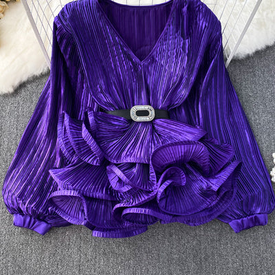 Blusa Suelta con Cuello V, Mangas Largas y Volantes en Bajo - Image 59