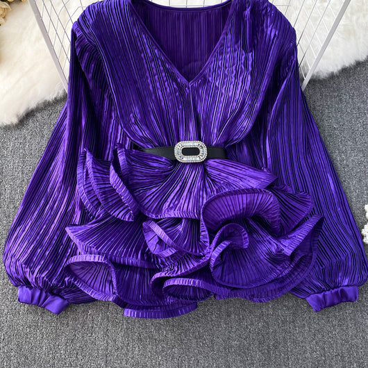 Blusa Suelta con Cuello V, Mangas Largas y Volantes en Bajo - Image 59