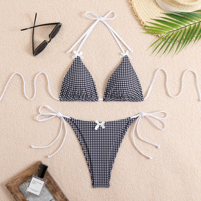 Blue and white gingham plaid bikini swimsuit with triangle top and thong bottom, featuring white tie straps and bows. - Image 58