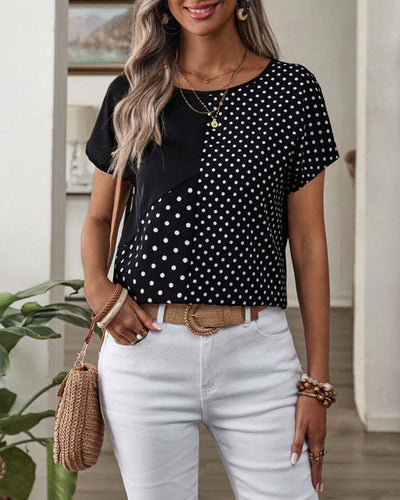 Blusa Estampada de Lunares para Mujer - Cuello Redondo y Manga Corta - Image 17