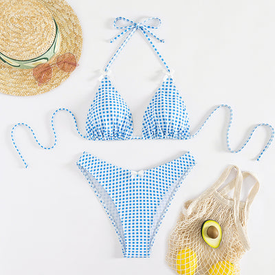 Red and white gingham print bikini swimsuit with a triangle halter top and high-cut bottom, featuring small white bows. - Image 36