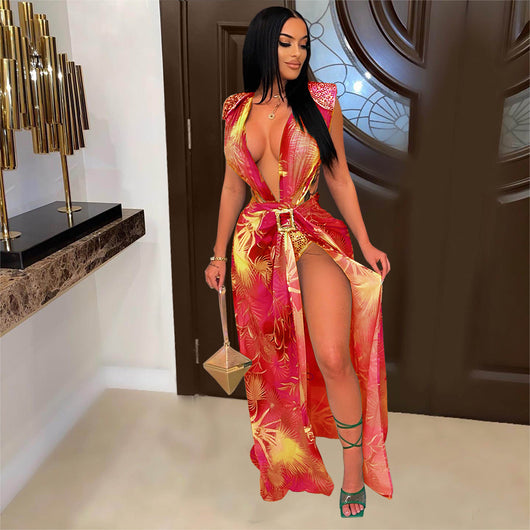 Traje de Baño Dos Piezas con Cardigan Estampado sin Mangas - Image 27