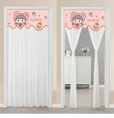Double-layer blackout doorway curtain with a light blue top featuring a cartoon bear and "LUCK DAY!" text. - Image 43