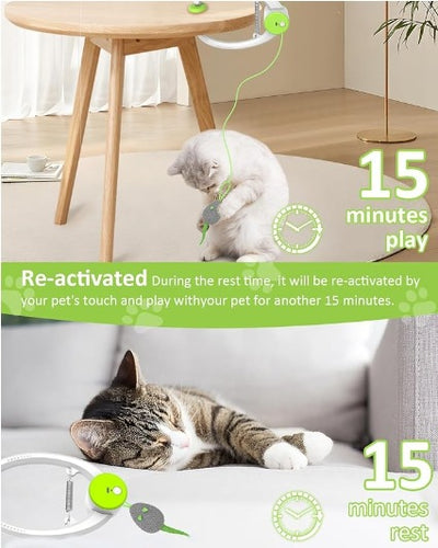 Automatic interactive cat toy with a white and blue door hanger, retractable string, and grey mouse lure. - Image 9