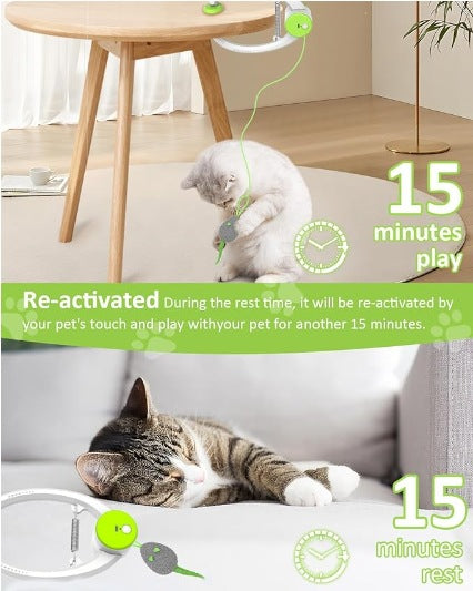 Automatic interactive cat toy with a white and blue door hanger, retractable string, and grey mouse lure. - Image 9