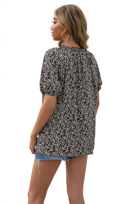 Camisa Suelta Casual con Estampado Floral Pequeño y Cuello en V - Image 24