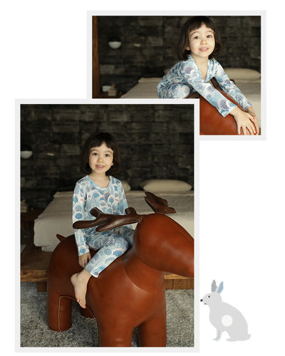 Bamboo cotton knitted parent-child pajama set with a pumpkin print long-sleeve top and solid light blue-grey pants. - Image 23