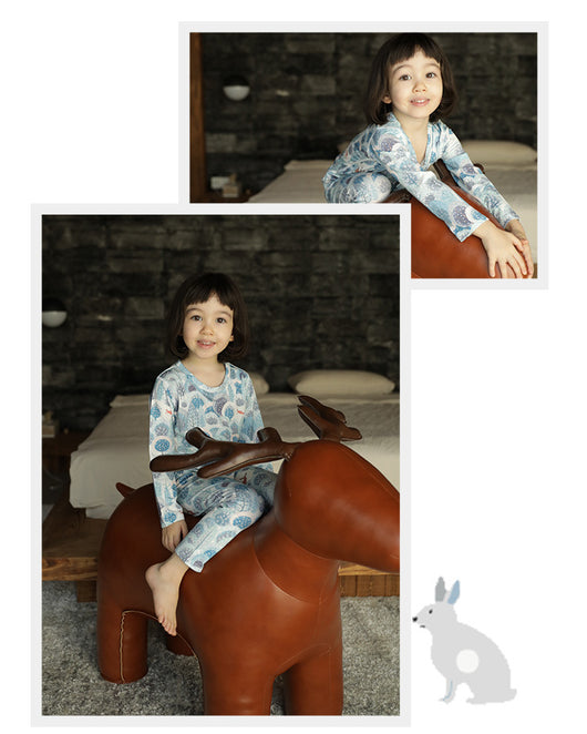 Bamboo cotton knitted parent-child pajama set with a pumpkin print long-sleeve top and solid light blue-grey pants. - Image 23
