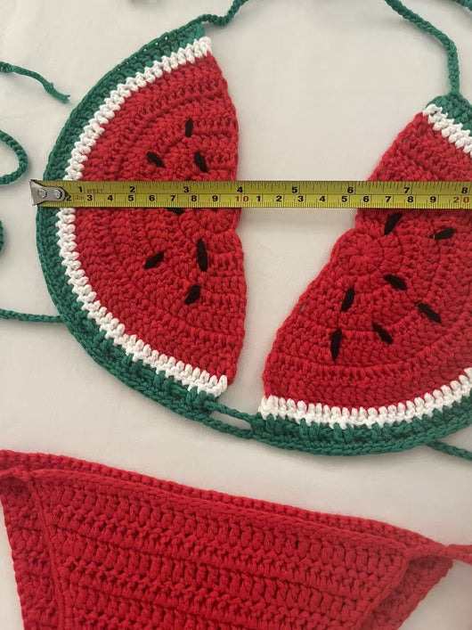 Handmade crocheted bikini with watermelon slice top in red, green, and white, and solid red tie-side bottoms. - Image 9