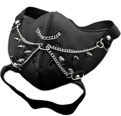Black leather half-face mask with brass chains, spikes, and gear accents, featuring adjustable elastic straps. - Image 26