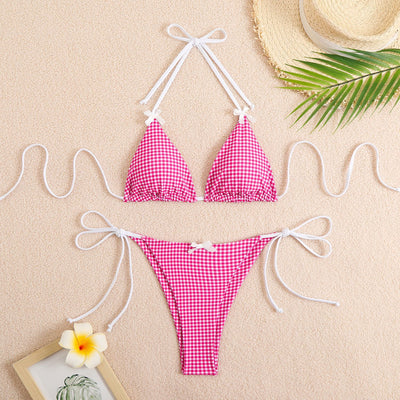 Blue and white gingham plaid bikini swimsuit with triangle top and thong bottom, featuring white tie straps and bows. - Image 52