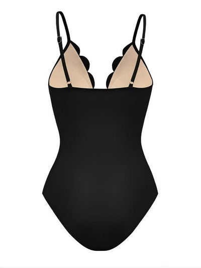Navy blue women's one-piece swimsuit and matching midi skirt set with laser-cut floral patterns and scalloped edges. - Image 23
