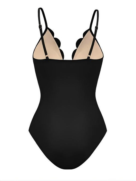Navy blue women's one-piece swimsuit and matching midi skirt set with laser-cut floral patterns and scalloped edges. - Image 23
