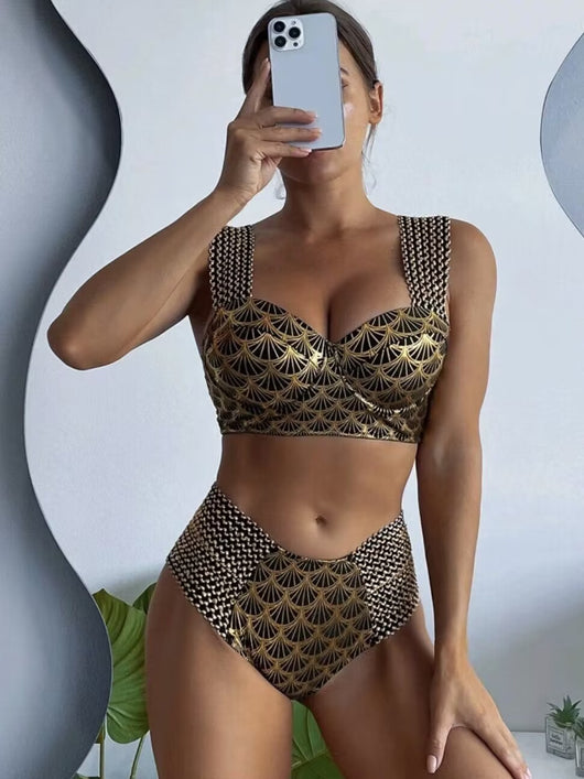 Women's high-waisted two-piece bronzing swimwear with black and gold art deco fan pattern and textured straps. - Image 10