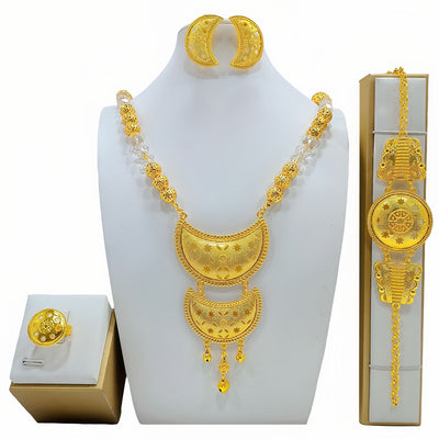 High-end gold-tone bridal wedding jewelry set with necklace, crescent earrings, ring, and bracelet, featuring intricate patterns and clear beads. - Image 9
