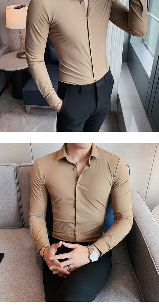 Camisa Ejecutiva Coreana Slim Fit de Punto Elástico para Hombre - Image 16