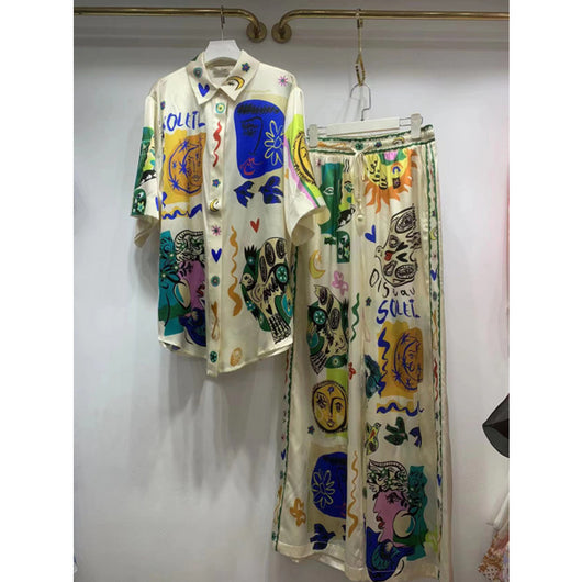 Conjunto de Blusa Satinada con Estampado Graffiti para Mujer - Image 40