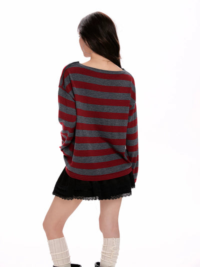 Suéter Tejido de Rayas Rojas con Mangas Largas para Mujer - Image 18