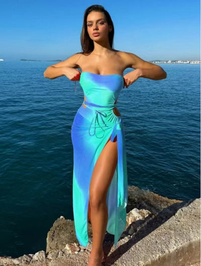 Blue ombre one-piece swimsuit with side cutouts and a matching blue ombre sarong with tie closure. - Image 34