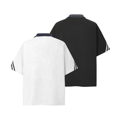 Camiseta Cuello Solapa Estilo Locomotora Patchwork Manga Corta Unisex - Image 14