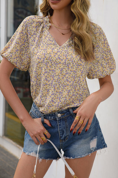 Camisa Suelta Casual con Estampado Floral Pequeño y Cuello en V - Image 12