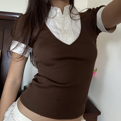 Playera Polo Retro Americana con Costuras Superpuestas para Mujer - Image 18