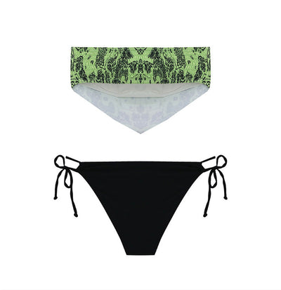 Lime green bandana print bandeau bikini top with black low-rise tie-side bottoms on a woman by a pool. - Image 26