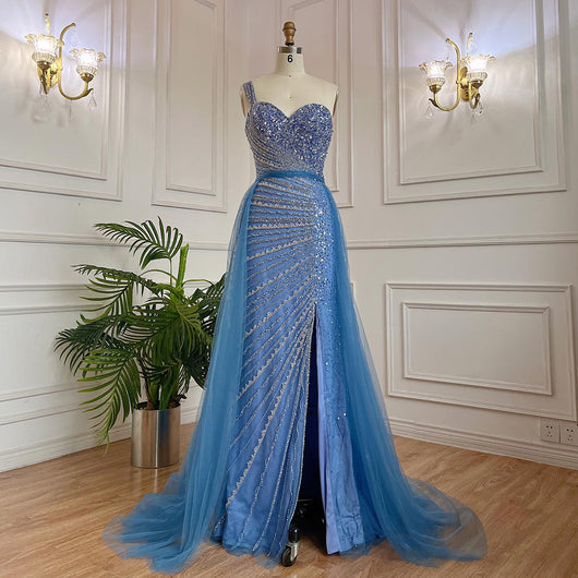 Vestido Fishtail Azul con Hombros Descubiertos y Cuentas Artesanales - Image 24
