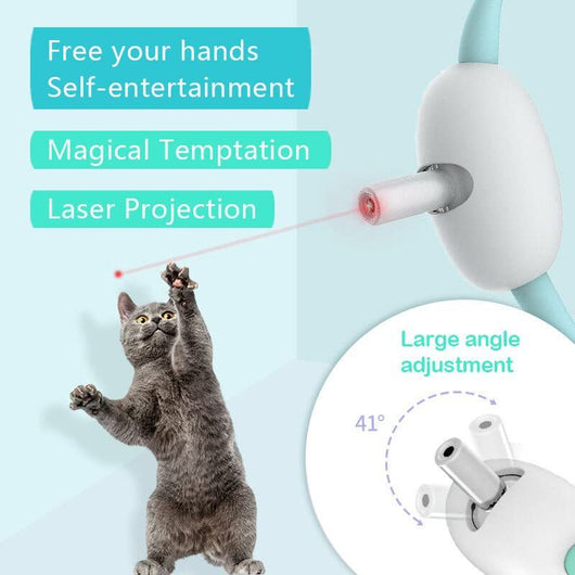 Smart USB charging laser cat collar in white and teal, with a USB cable, shown with a cat playing with the laser. - Image 17