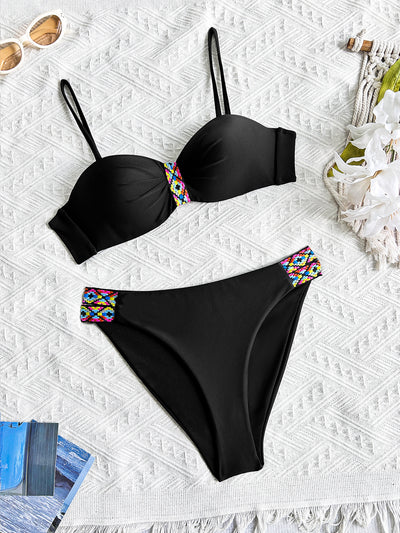 Black split bikini swimsuit for women with a bandeau top and high-cut bottom, featuring colorful geometric patterns. - Image 19