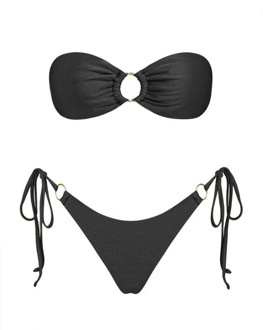Red glitter bandeau bikini with gold-tone O-rings and side-tie bottoms on a model in a sunny outdoor setting. - Image 59
