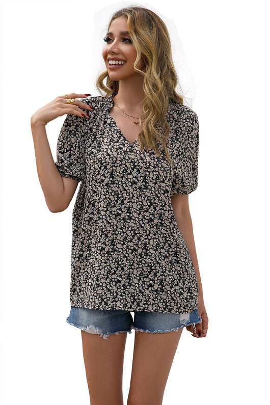 Camisa Suelta Casual con Estampado Floral Pequeño y Cuello en V - Image 21