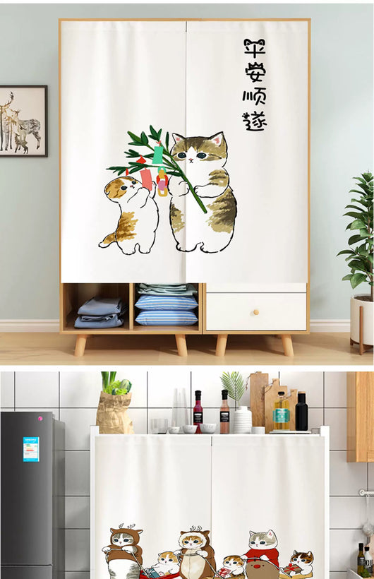 White segmented fabric door curtain with a cartoon design of three cats cooking and surrounded by fried eggs. - Image 16