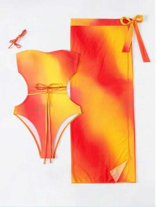 Blue ombre one-piece swimsuit with side cutouts and a matching blue ombre sarong with tie closure. - Image 42
