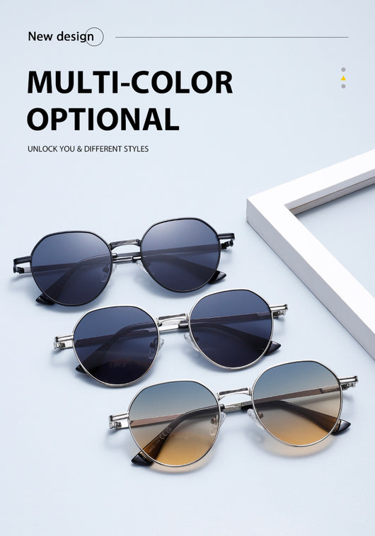 Round metal sunglasses with silver frames and dark gray lenses, featuring black temple tips, on a white background. - Image 22