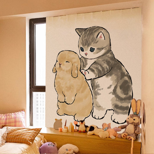 Cute cartoon curtain featuring a grey tabby kitten riding on a brown Shiba Inu puppy, with punch-free Velcro installation. - Image 40