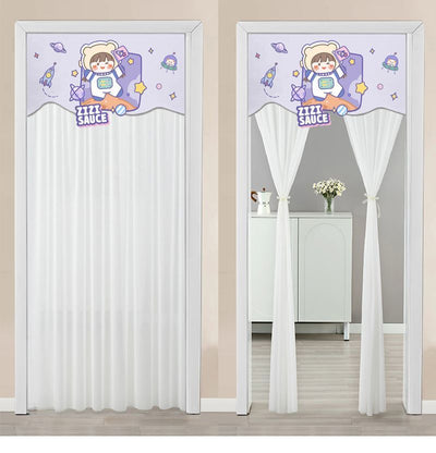 Double-layer blackout doorway curtain with a light blue top featuring a cartoon bear and "LUCK DAY!" text. - Image 37