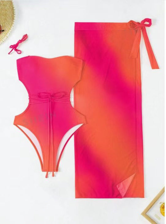 Blue ombre one-piece swimsuit with side cutouts and a matching blue ombre sarong with tie closure. - Image 32