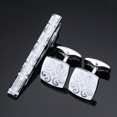 Juego de Clips de Corbata y Gemelos con Cristales Negros y Patrón Floral Esmaltado en Oro y Plata - Image 36