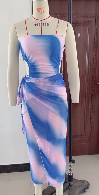Blue ombre one-piece swimsuit with side cutouts and a matching blue ombre sarong with tie closure. - Image 20