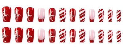 Uñas Postizas Navideñas con Diseño de Copos de Nieve y Rayas - Image 16