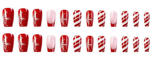 Uñas Postizas Navideñas con Diseño de Copos de Nieve y Rayas - Image 16