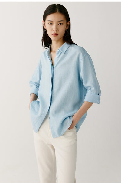 Camisa de Lino Azul Suelta - Comodidad Natural - Image 55