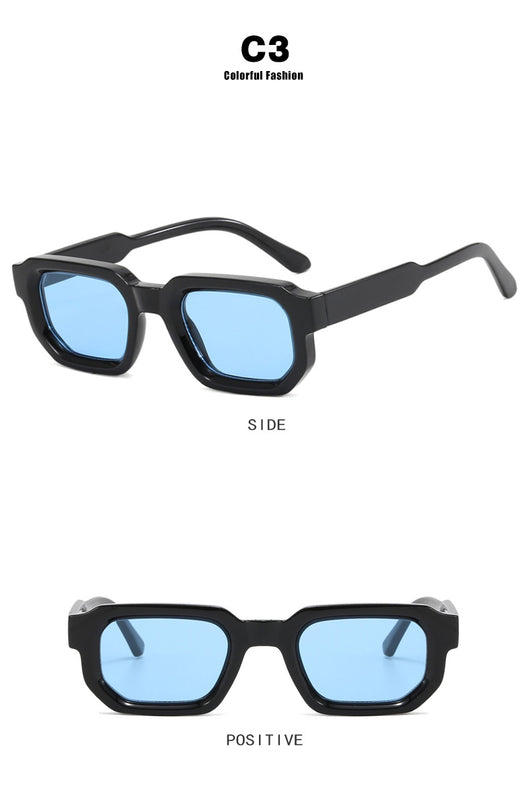 Black square-frame sunglasses with thick, angular frames and dark blue lenses, shown on a white background. - Image 40